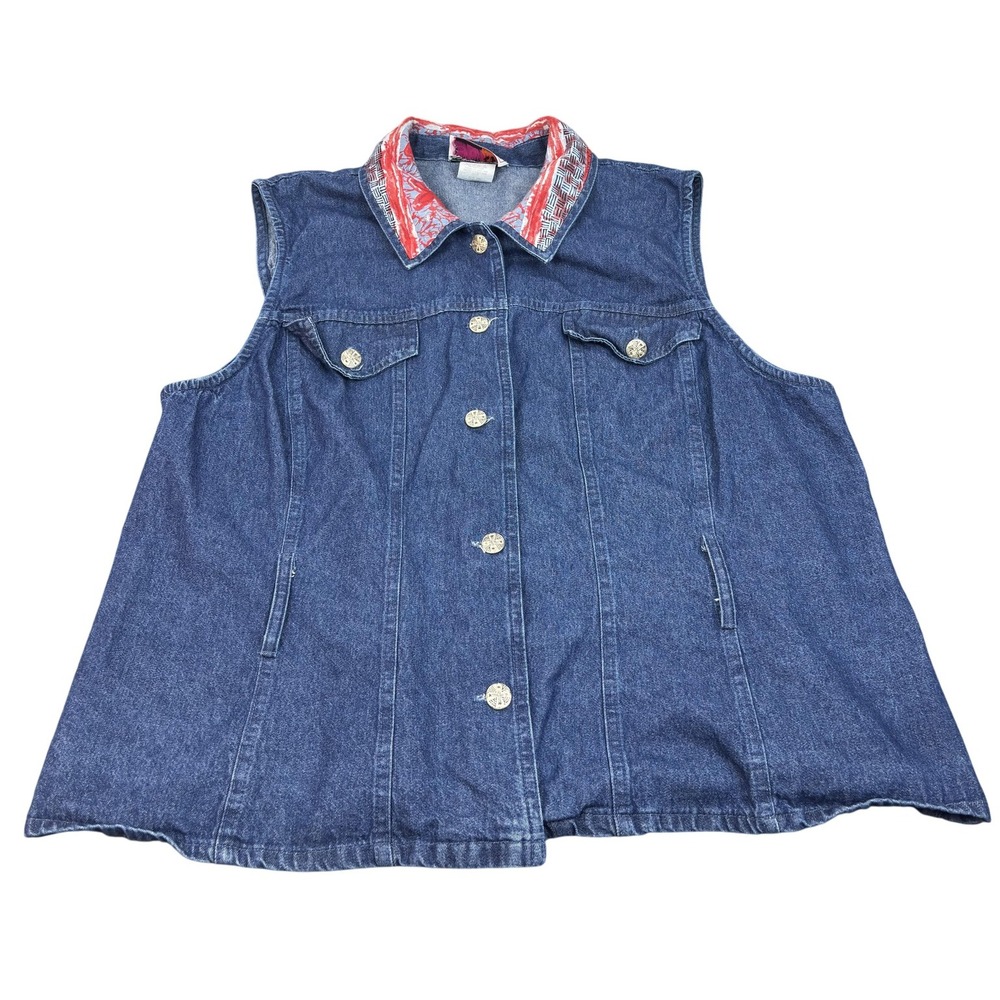 Vintage Four Seasons Denim Vest Womens 20W Western Sleeveless Red Collar 90s